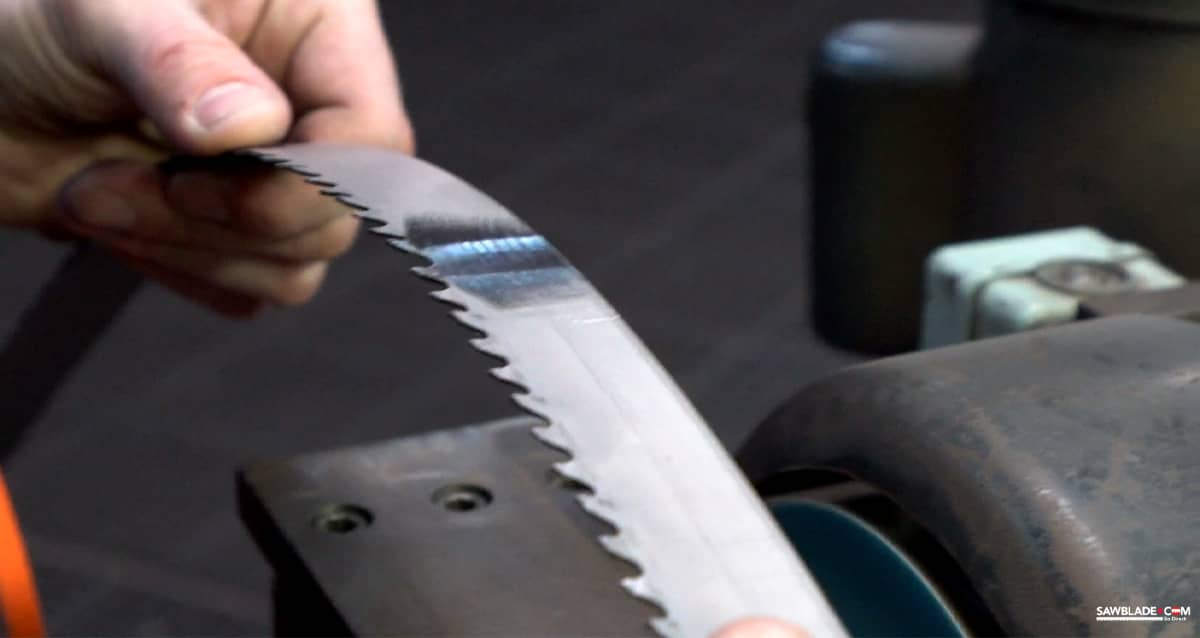 Bandsaw blade in hand close view