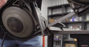 Portable bandsaw cutting close view
